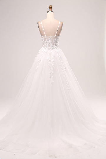 White A-Line Spaghetti Straps Corset Lace Tulle Long Wedding Dress